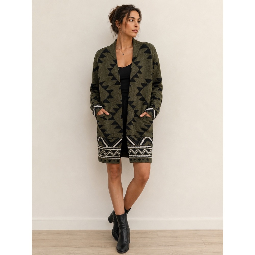 Frye Cardigan Southwestern Geometric Open Front Olive Green Medium Sweater